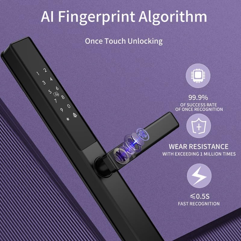 Mabtck قفل باب ذكي مع مقبض - دخول بدون مفتاح بيومتري - قارئ بصمات الأصابع، لوحة لمس، تحكم عبر التطبيق، جاهز لأليكسا - مقاوم للماء IP55، باب منزلق نحيف - نظام قفل تلقائي - Image 3